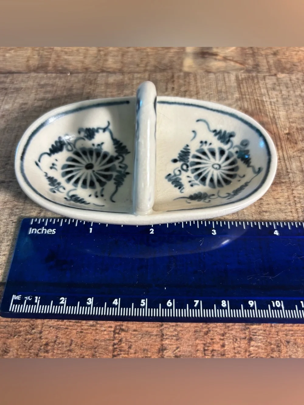 World Market Hand Paint Blue & Creamy White Ceramic Ring Jewelry Trinket Dish
